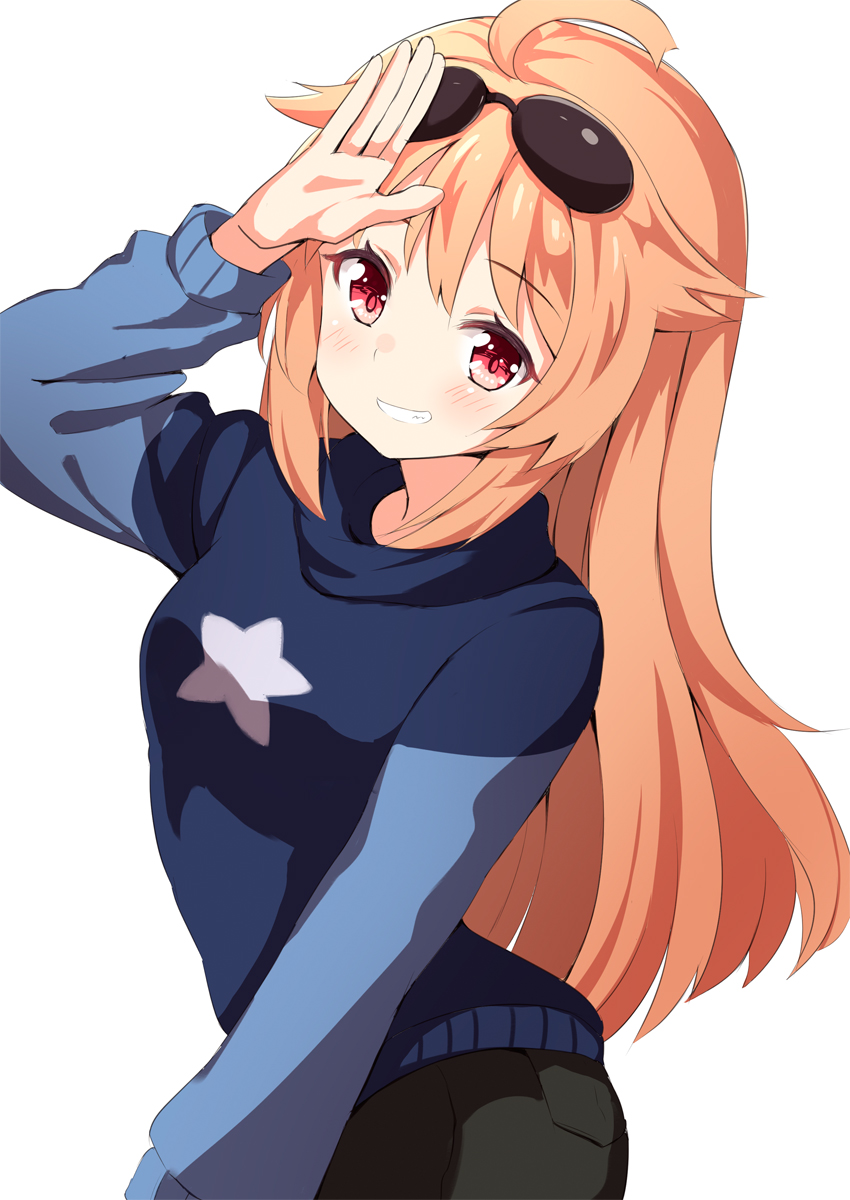 1girl ahoge ame. arm_up azur_lane bangs black_pants blonde_hair blue_sweater blush breasts columbia_(azur_lane) commentary eyebrows_visible_through_hair eyewear_on_head grin hair_flaps highres light_brown_hair long_hair long_sleeves looking_at_viewer pants red_eyes simple_background small_breasts smile solo star sunglasses sweater very_long_hair white_background