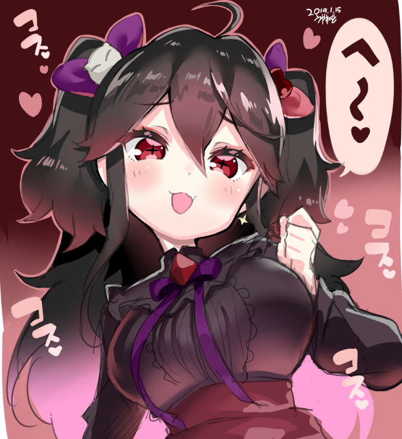 :3 :d ahoge bangs black_dress black_hair blush bow breasts dated dress ekakibito eyebrows_visible_through_hair fang gradient_hair hair_between_eyes hair_bow hair_ornament head_tilt heart heart_hair_ornament kuusou_code_plus large_breasts long_hair long_sleeves multicolored_hair open_mouth pink_hair purple_bow red_bow red_eyes signature sketch smile solo translated very_long_hair virtual_youtuber yoruno_tobari