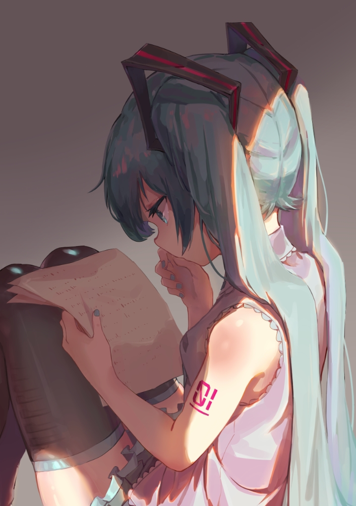 1girl aqua_eyes aqua_hair aqua_nails bangs bare_shoulders black_legwear black_skirt covering_mouth feet_out_of_frame from_side gradient gradient_background grey_background grey_shirt hair_ornament hand_on_own_face hand_over_own_mouth hatsune_miku holding holding_paper knees_together knees_up light long_hair miniskirt nail_polish nejikyuu number_tattoo paper pleated_skirt profile reading shirt shoulder_tattoo sitting skirt sleeveless sleeveless_shirt solo tattoo thigh-highs twintails very_long_hair vocaloid