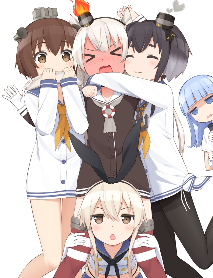 &gt;_&lt; 5girls :3 amatsukaze_(kantai_collection) bangs black_hairband black_ribbon black_vest blue_eyes blue_hair blue_sailor_collar blush brown_dress brown_eyes brown_hair chestnut_mouth closed_eyes closed_mouth commentary_request dress elbow_gloves eyebrows_visible_through_hair fire full-face_blush gloves gradient_hair grey_hair grey_neckwear hair_between_eyes hair_ribbon hairband haribote_(tarao) hatsukaze_(kantai_collection) headgear heart hug kantai_collection lifebuoy light_brown_hair long_hair long_sleeves multicolored_hair multiple_girls neckerchief nose_blush open_mouth orange_neckwear panties parted_lips red_legwear ribbon sailor_collar sailor_dress school_uniform serafuku shimakaze_(kantai_collection) shirt short_dress short_sleeves side-tie_panties silver_hair simple_background sleeveless sleeveless_shirt sleeves_past_wrists smoke smokestack_hair_ornament striped striped_legwear tokitsukaze_(kantai_collection) twintails underwear very_long_hair vest wavy_mouth white_background white_dress white_gloves white_panties white_sailor_collar white_shirt yukikaze_(kantai_collection)