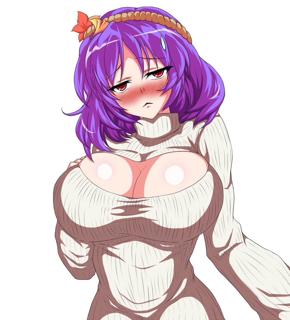 1girl blush breasts cleavage commentary_request dominia frown hair_leaf head_tilt huge_breasts leaf looking_at_viewer maple_leaf meme_attire open-chest_sweater purple_hair red_eyes ribbed_sweater rope shimenawa short_hair solo sweatdrop sweater touhou white_sweater yasaka_kanako