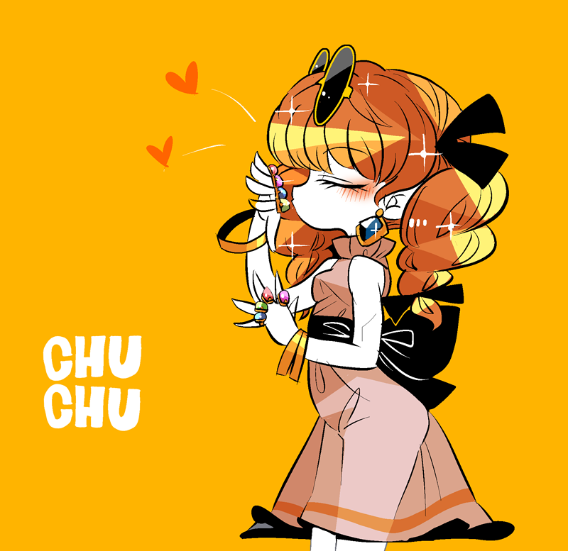 1girl bangle bangs black_bow blonde_hair bow bracelet breasts closed_eyes cropped_legs dress drill_hair earrings eyebrows_visible_through_hair eyewear_on_head heart jewelry long_hair medium_breasts object_kiss profile ring round_eyewear simple_background sleeveless solo sparkle sunglasses touhou twin_drills twintails yellow_background yorigami_jo'on yt_(wai-tei)