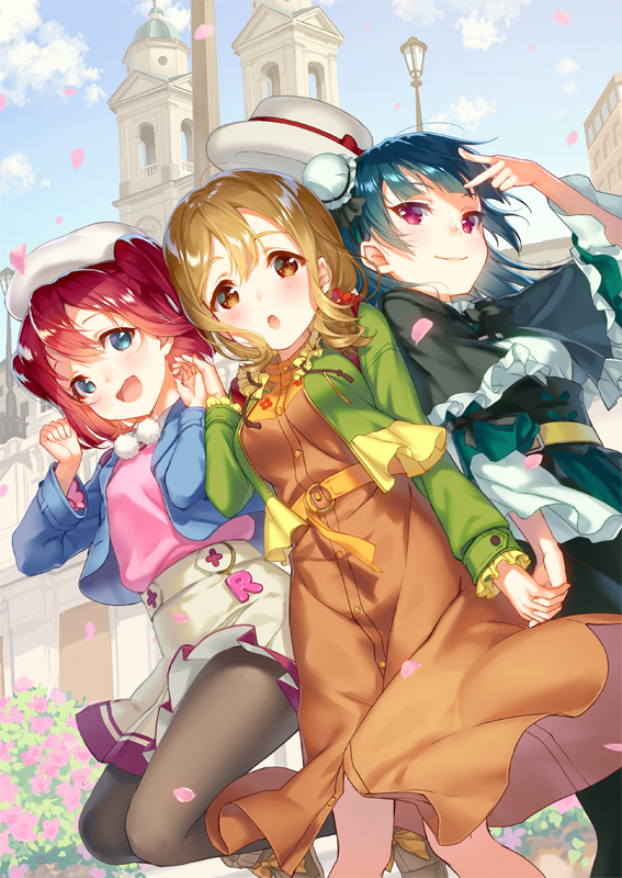 3girls :d :o aqua_eyes bangs beret black_dress black_legwear blue_hair blue_jacket brown_eyes brown_hair building bun_cover bush clenched_hand commentary_request cover cover_page day dress flower frilled_jacket frilled_skirt frills green_jacket hand_holding hands_up hat jacket kunikida_hanamaru kurosawa_ruby lamppost looking_at_viewer love_live! love_live!_sunshine!! love_live!_sunshine!!_the_school_idol_movie_over_the_rainbow multiple_girls o-ring_belt official_art open_mouth orange_dress outdoors pantyhose petals pink_flower pink_shirt pom_pom_(clothes) redhead shirt skirt smile textless tomiwo tsushima_yoshiko v violet_eyes white_hat wide_sleeves