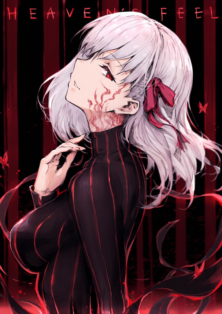 1girl black_dress breasts dark_persona dark_sakura dress facial_mark fate/stay_night fate_(series) from_side hair_ribbon haoni heaven's_feel large_breasts long_hair long_sleeves looking_at_viewer matou_sakura parted_lips red_eyes ribbon solo striped turtleneck upper_body vertical-striped_dress vertical_stripes