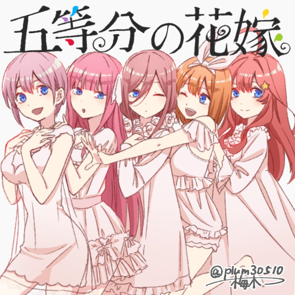 bangs blue_eyes blush breasts copyright_name go-toubun_no_hanayome lingerie long_hair looking_at_viewer nakano_ichika nakano_itsuki nakano_miku nakano_nino nakano_yotsuba pink_hair short_hair smile umeki_aoi underwear