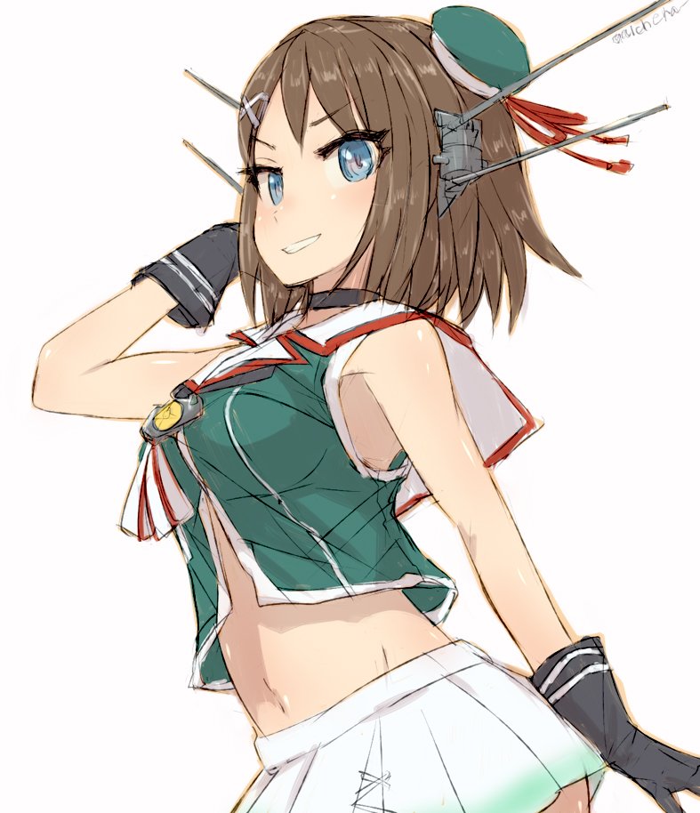 1girl alchera beret black_gloves blue_eyes breasts brown_hair cowboy_shot gloves green_shirt hair_ornament hairclip hat hat_ribbon headgear kantai_collection large_breasts maya_(kantai_collection) midriff pleated_skirt red_ribbon remodel_(kantai_collection) ribbon school_uniform serafuku shirt short_hair skirt sleeveless sleeveless_shirt solo white_background white_skirt x_hair_ornament