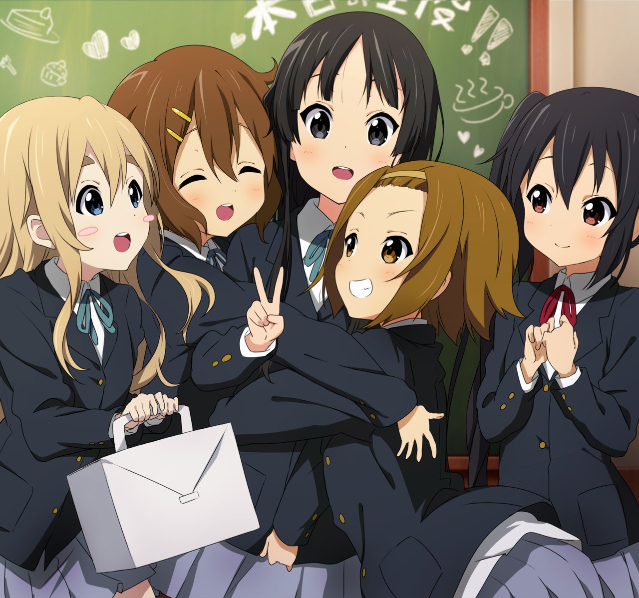 5girls akiyama_mio black_eyes black_hair black_jacket blue_ribbon brown_eyes brown_hair chalkboard closed_eyes cowboy_shot grey_skirt grin hirasawa_yui hug jacket k-on! kotobuki_tsumugi long_hair looking_at_viewer matokechi multiple_girls nakano_azusa neck_ribbon pleated_skirt red_ribbon ribbon round_teeth sakuragaoka_high_school_uniform school_uniform short_hair skirt smile tainaka_ritsu teeth twintails