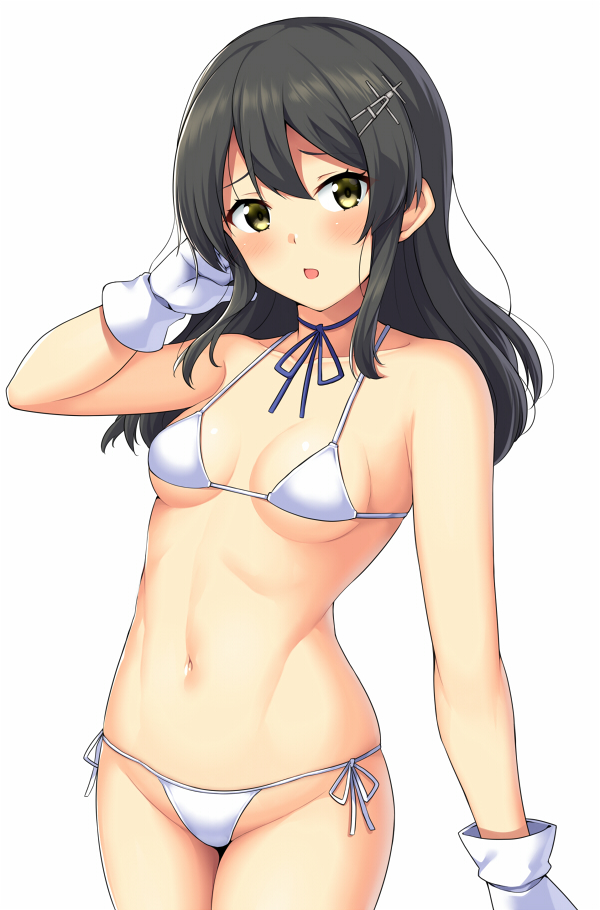 1girl bangs bikini black_hair blush breasts choker collarbone commentary_request cowboy_shot eyebrows_visible_through_hair gloves groin hair_between_eyes hair_ornament hairclip horosuke_(toot08) kantai_collection long_hair looking_at_viewer micro_bikini navel open_mouth oyashio_(kantai_collection) side-tie_bikini simple_background skindentation small_breasts solo standing string_bikini swimsuit white_background white_bikini white_gloves