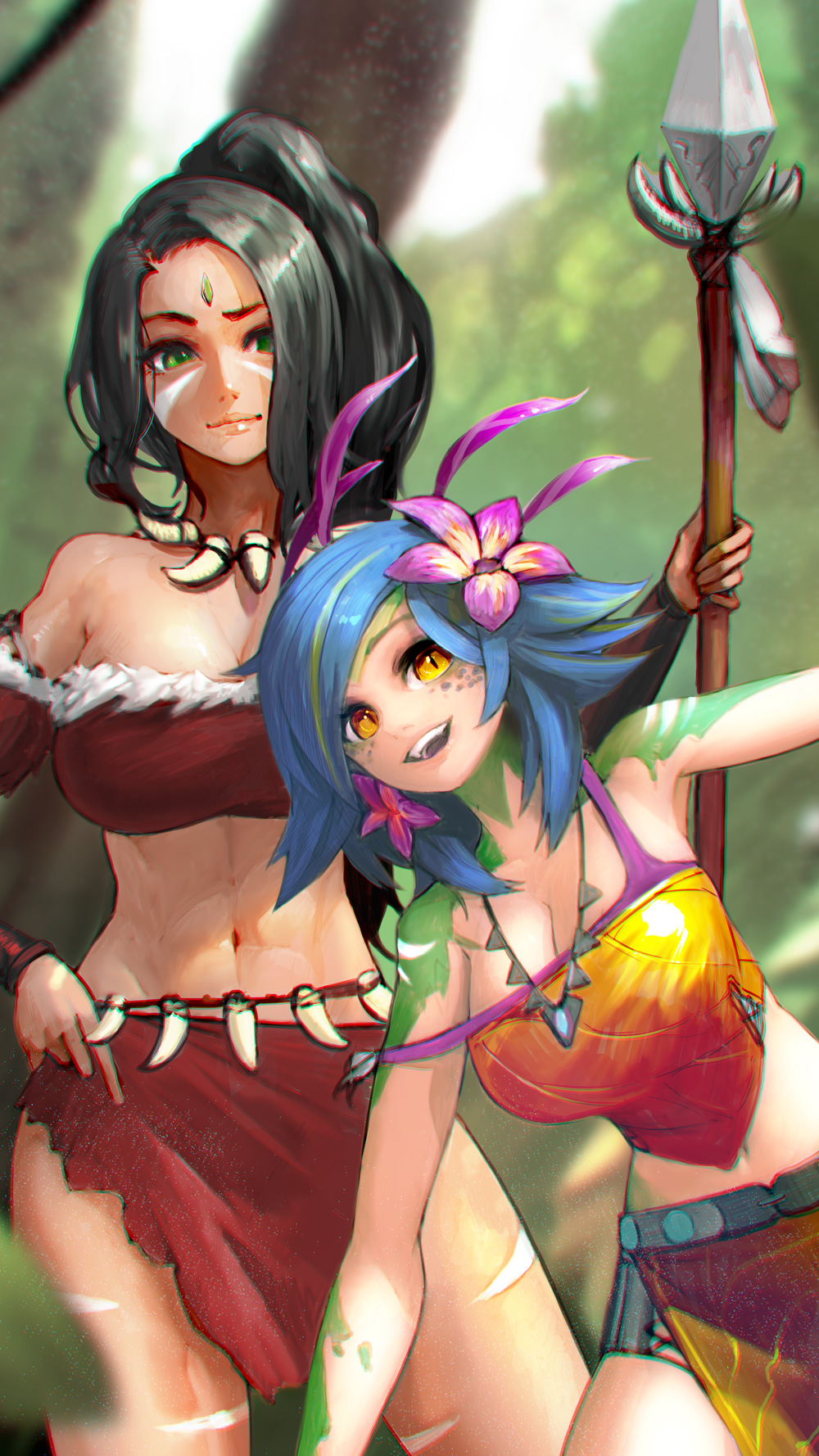 2girls bare_shoulders black_hair blonde_hair breasts cleavage crop_top fang_necklace flower forehead_jewel green_eyes hair_flower hair_ornament highres hiragana_(gomasyabu) large_breasts league_of_legends midriff multiple_girls navel neeko_(league_of_legends) nidalee open_mouth polearm ponytail skirt smile spear strap_slip strapless tubetop weapon yellow_eyes