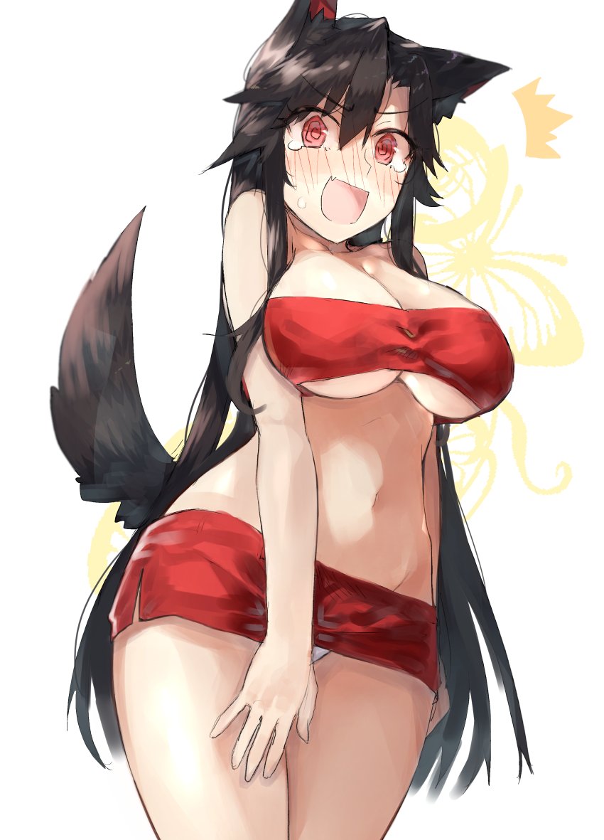 /\/\/\ 1girl :d @_@ alternate_costume animal_ear_fluff animal_ears bandeau bangs bare_arms bare_shoulders black_hair blush breasts cleavage collarbone commentary_request covering covering_crotch cowboy_shot embarrassed eyebrows_visible_through_hair groin hair_between_eyes imaizumi_kagerou kasuka_(kusuki) large_breasts long_hair looking_at_viewer microskirt navel nose_blush open_mouth panties panty_peek red_eyes red_skirt side_slit sidelocks simple_background skirt smile solo standing stomach tail tears thighs touhou under_boob underwear very_long_hair white_background white_panties wolf_ears wolf_tail