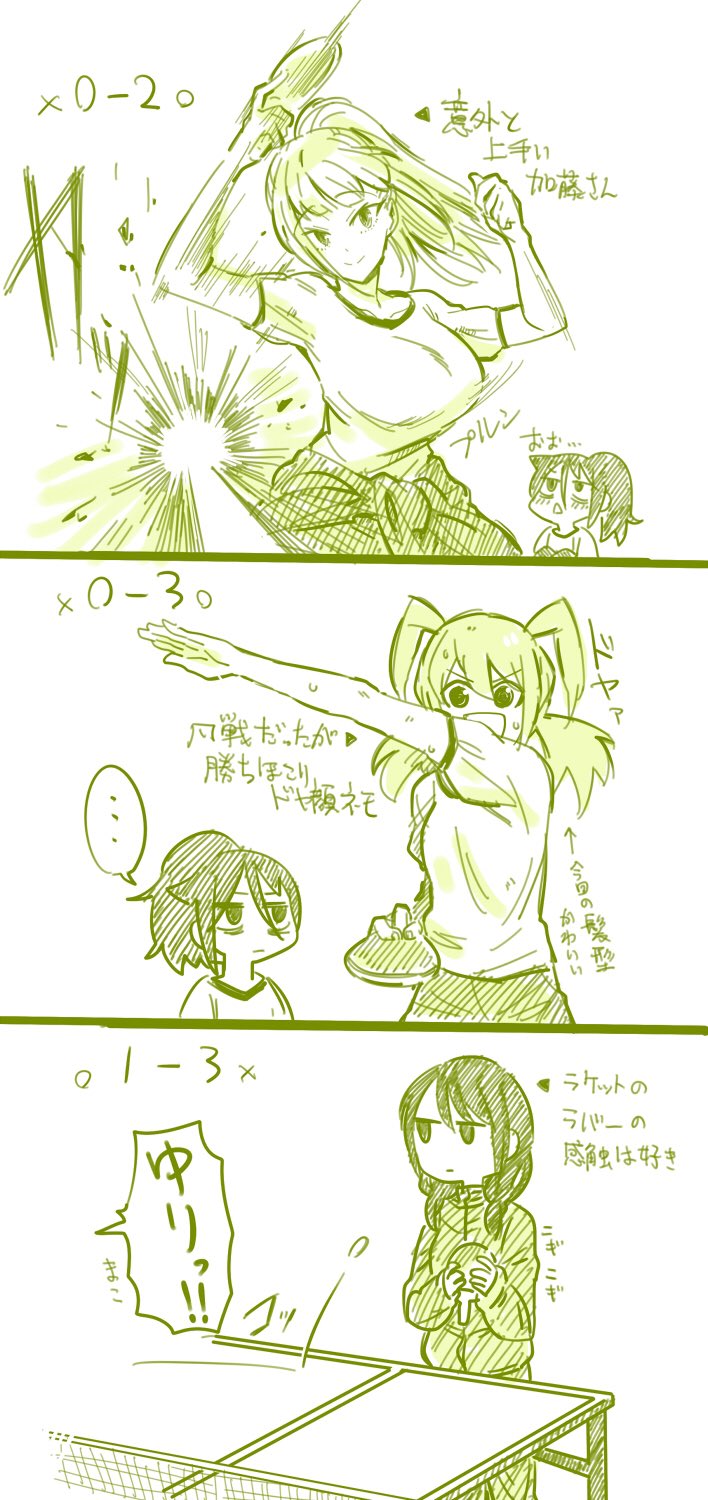 ... 3koma 4girls :d :| alternate_hairstyle bags_under_eyes bouncing_breasts breasts closed_mouth clothes_around_waist comic commentary_request floating_hair green gym_shirt highres holding_paddle jacket_around_waist jitome katou_asuka kenchi kuroki_tomoko long_hair monochrome multiple_girls nemoto_hina open_mouth paddle ponytail pose shirt smile spoken_ellipsis sweat table_tennis_net table_tennis_paddle tamura_yuri track_suit translation_request two_side_up v-shaped_eyebrows watashi_ga_motenai_no_wa_dou_kangaetemo_omaera_ga_warui!