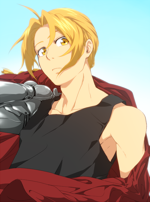 1boy automail black_shirt blonde_hair blue_background coat collarbone edward_elric fullmetal_alchemist gradient gradient_background hair_between_eyes looking_at_viewer male_focus mechanical_arm prosthesis red_coat shirt sleeveless solo tank_top upper_body white_background yellow_eyes yoshikazu_(ooyskzoo)