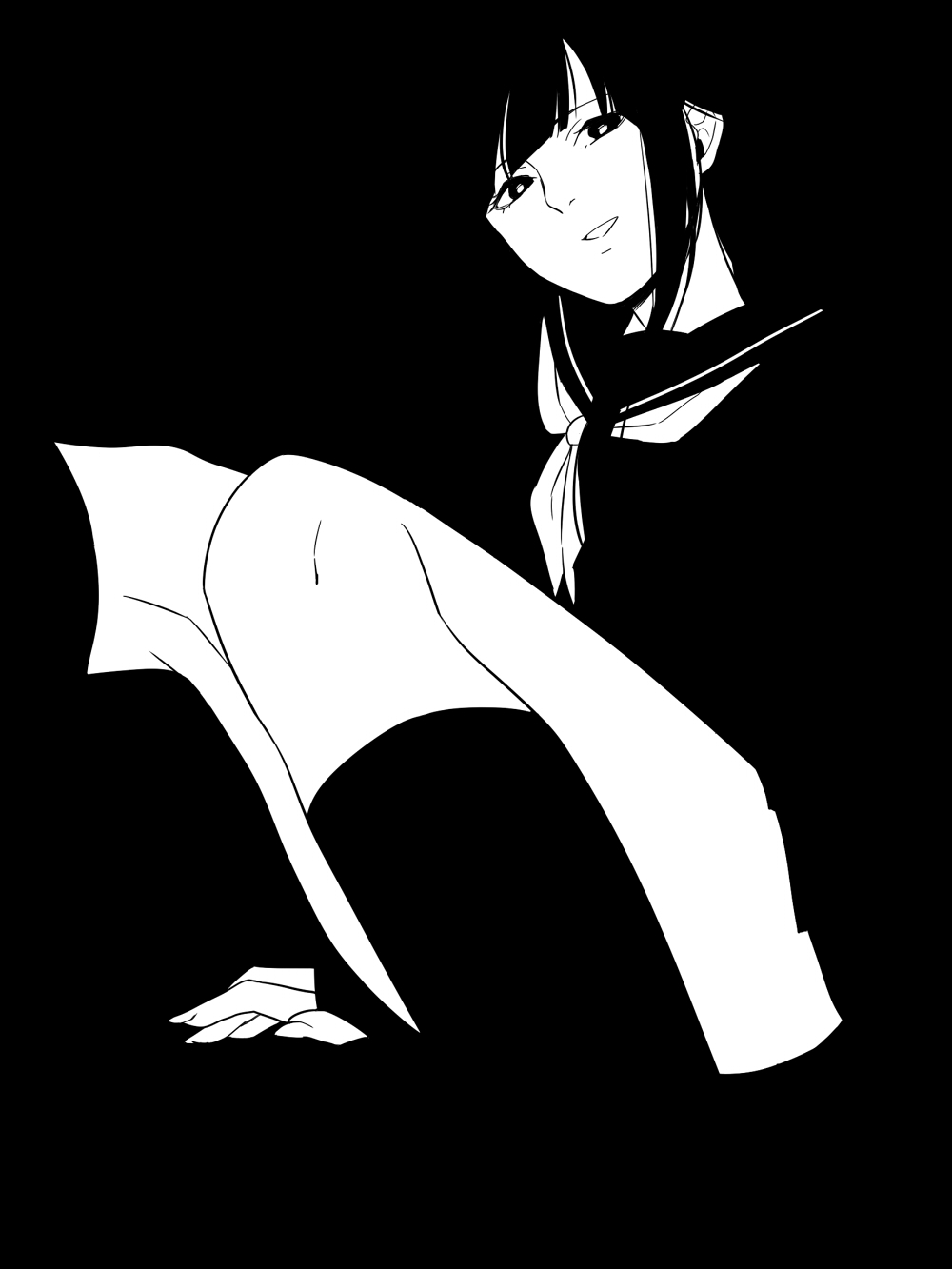 1girl black_background black_hair black_legwear black_serafuku greyscale hiakko high_contrast highres himegoto_-_juukyuusai_no_seifuku legs long_hair looking_at_viewer monochrome nagao_mikako school_uniform serafuku sitting socks solo thighs