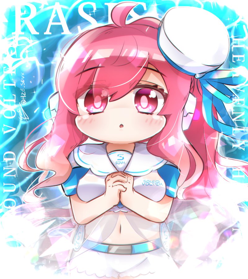 1girl :o ahoge blush breasts chibi dress eyebrows_visible_through_hair eyes_visible_through_hair h2o_rutorinde hands_clasped hat midriff navel own_hands_together pink_eyes pink_hair rasis sailor_dress sailor_hat signature sound_voltex stomach