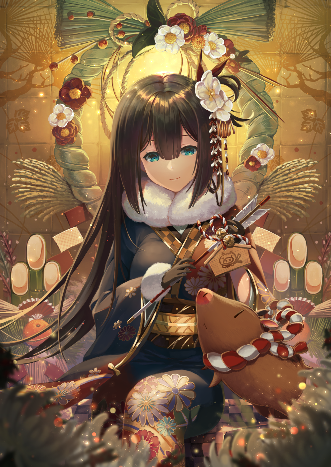 1girl arrow blue_eyes boar brown_hair chinese_zodiac fur_trim hair_between_eyes happy_new_year highres japanese_clothes kimono kittika_thaworn long_hair looking_at_viewer new_year original solo year_of_the_pig