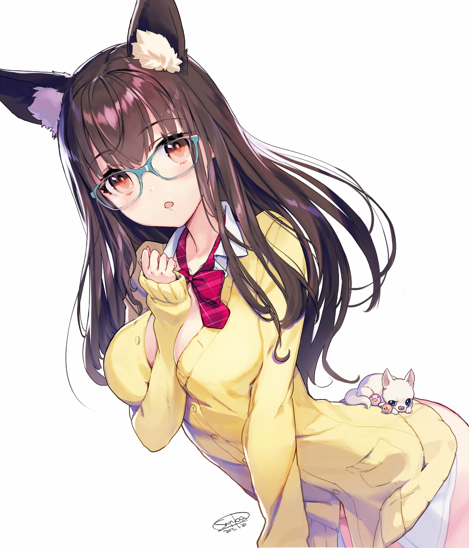 1girl :o animal animal_ear_fluff animal_ears arched_back bangs between_breasts blue-framed_eyewear blush bow bowtie breasts brown_eyes brown_hair buttons cat_ears collared_shirt commentary_request extra_ears eyebrows_visible_through_hair glasses hand_up long_hair long_sleeves looking_at_viewer medium_breasts no_pants original parted_lips partially_unbuttoned plaid_neckwear red_neckwear sanbasou school_uniform shirt sidelocks signature simple_background sleeves_past_wrists solo undershirt unmoving_pattern white_background white_shirt yellow_cardigan