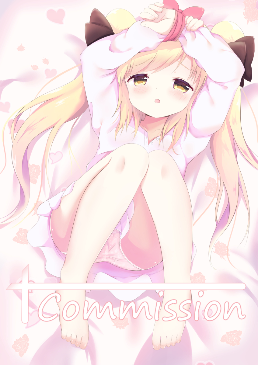 1girl arms_up bare_legs barefoot bed_sheet blonde_hair blush bound bound_wrists bow brown_bow brown_eyes collarbone commentary commission dutch_angle english_commentary feet hair_bow half-closed_eyes heart highres kittipat_jituatakul knees_up legs long_hair long_sleeves looking_at_viewer lying on_back original panties parted_lips pink_panties shirt solo toenails twintails underwear very_long_hair white_shirt