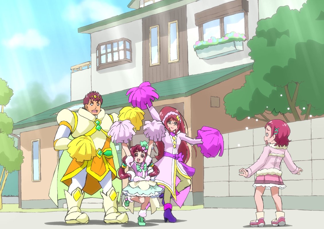 1boy 3girls arms_up boots cape cheering circlet dress family frilled_dress frills fur_trim glasses green_footwear hair_ornament heart heart_hair_ornament hugtto!_precure itommy magical_boy magical_girl multiple_girls nono_hana nono_kotori nono_shintarou nono_sumire pink_hair pink_skirt pom_pom_(clothes) precure puffy_short_sleeves puffy_sleeves purple_footwear short_sleeves skirt spoilers surprised sweatdrop tree twintails white_legwear