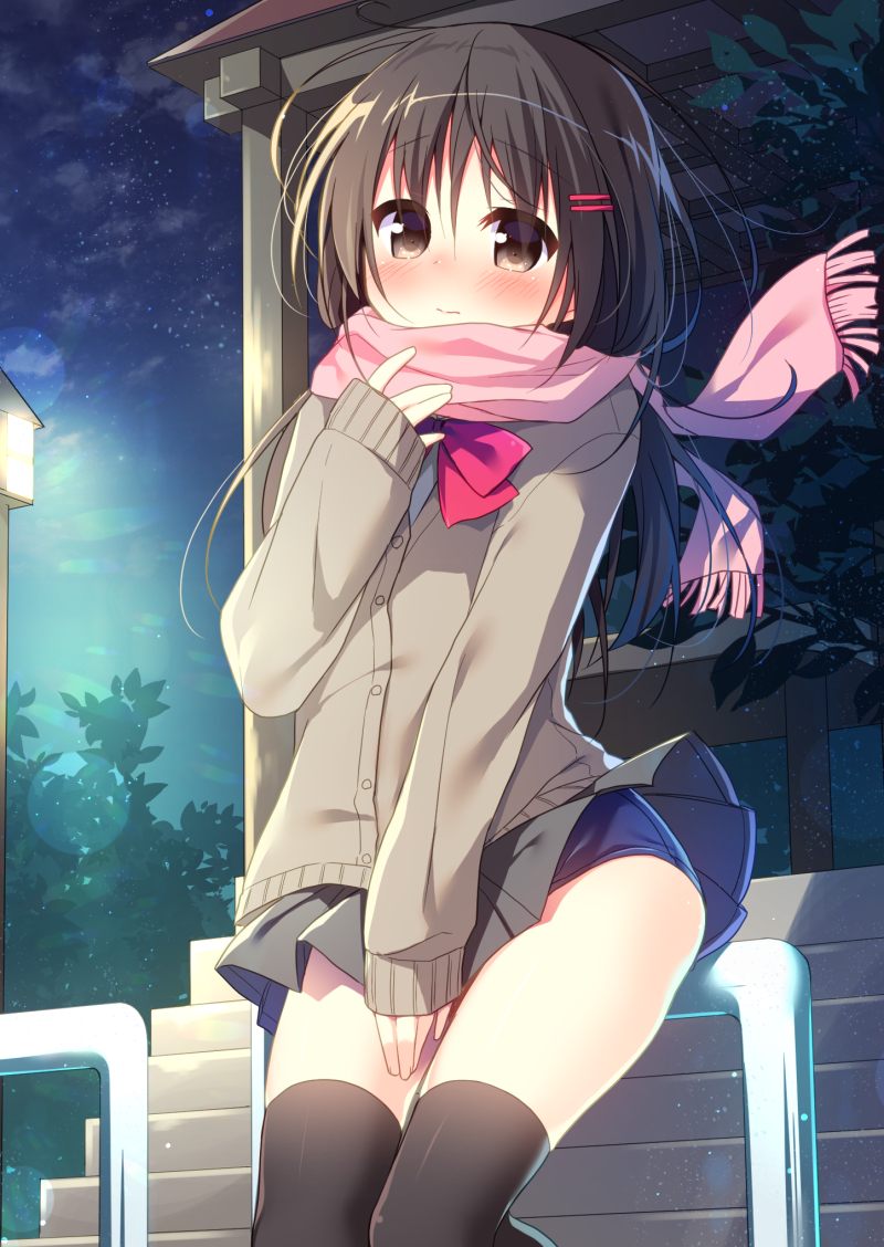 1girl bangs blue_swimsuit blush brown_cardigan brown_eyes brown_hair brown_legwear brown_skirt cardigan closed_mouth clouds eyebrows_visible_through_hair fingernails fringe_trim hair_between_eyes hair_ornament hairclip hanamiya_natsuka hand_up lamppost long_hair long_sleeves looking_at_viewer night night_sky nose_blush one-piece_swimsuit original outdoors pink_scarf pleated_skirt railing scarf school_swimsuit sitting sitting_on_railing skirt sky sleeves_past_wrists solo stairs stone_stairs swimsuit swimsuit_under_clothes thigh-highs very_long_hair