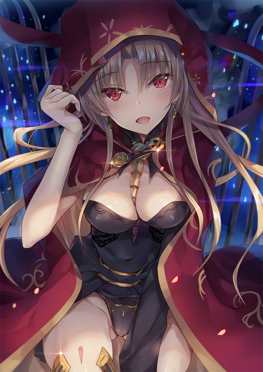 1girl adjusting_hood asymmetrical_legwear asymmetrical_sleeves bangs between_breasts black_cape black_legwear blonde_hair blush bow breasts buckle cape cleavage detached_collar earrings ereshkigal_(fate/grand_order) eyebrows_visible_through_hair fate/grand_order fate_(series) fur-trimmed_cape fur_trim gluteal_fold hair_ribbon highres hinot hood hood_up hooded_cape infinity jewelry long_hair looking_at_viewer medium_breasts multicolored multicolored_cape multicolored_clothes necklace open_mouth parted_bangs red_cape red_eyes red_ribbon ribbon single_sleeve single_thighhigh skull smile solo spine thigh-highs tiara two_side_up yellow_cape