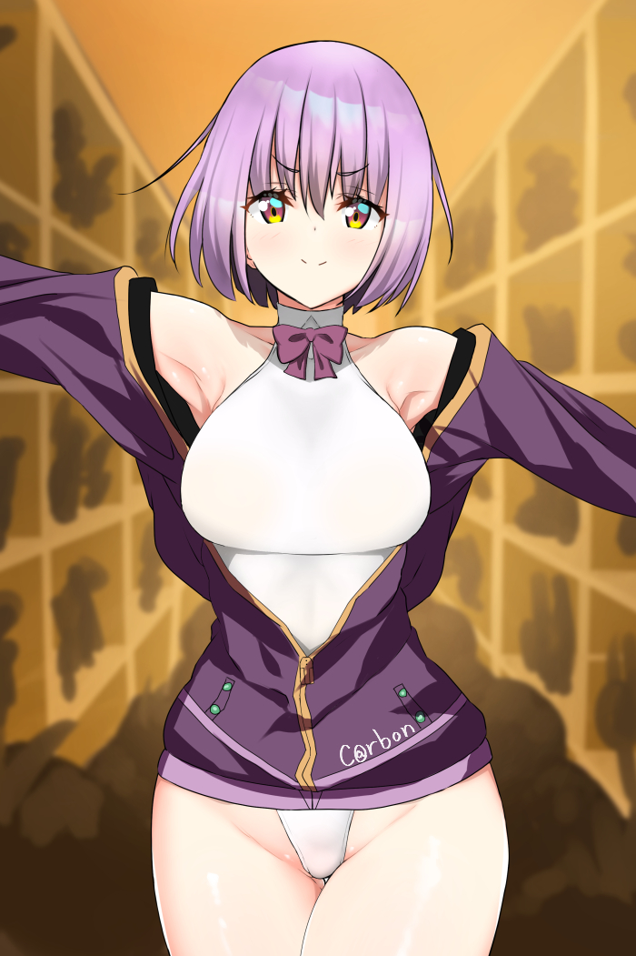 &gt;:) 1girl armpits artist_name bare_shoulders bow bowtie breasts c@rbon competition_swimsuit cowboy_shot highleg highleg_swimsuit indoors jacket large_breasts lavender_hair long_sleeves looking_at_viewer off_shoulder one-piece_swimsuit outstretched_arms purple_bow purple_jacket shinjou_akane smile solo ssss.gridman swimsuit swimsuit_under_clothes trash_bag turtleneck unzipped white_swimsuit yellow_eyes zipper_pull_tab