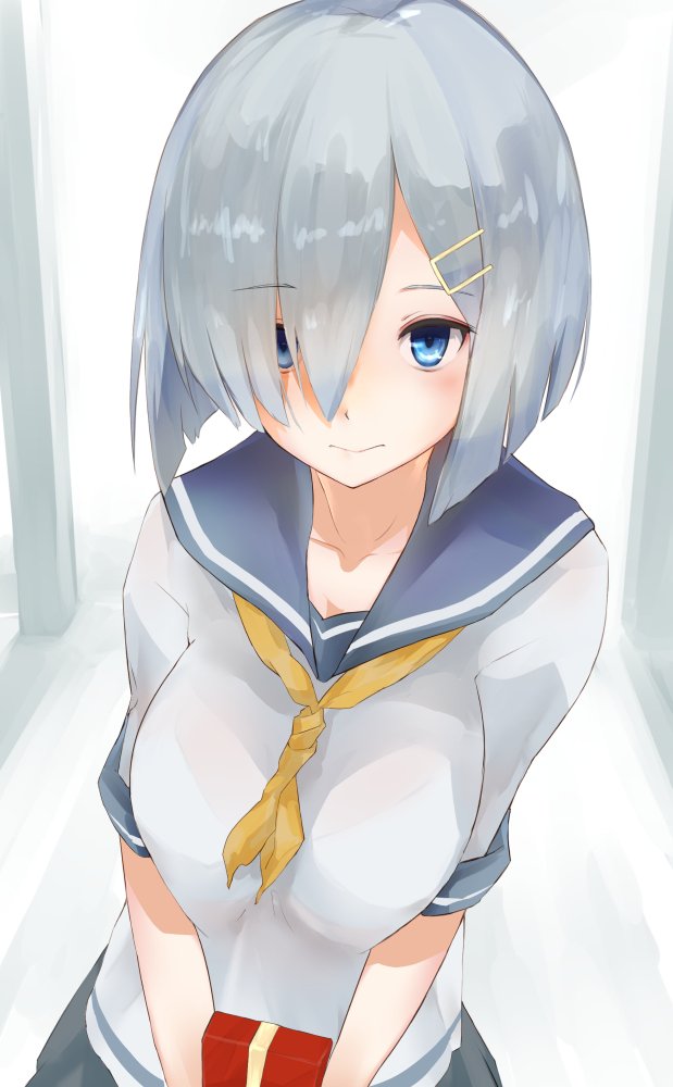 1girl blue_eyes blue_skirt blush bra breasts cleavage closed_mouth collarbone gift hair_ornament hair_over_one_eye hairclip hamakaze_(kantai_collection) kantai_collection looking_at_viewer medium_breasts pleated_skirt sailor_collar school_uniform see-through serafuku shiny shiny_hair short_hair short_sleeves silver_hair skirt smile solo underwear upper_body white_bra yamaioni_(sasakama) yellow_neckwear