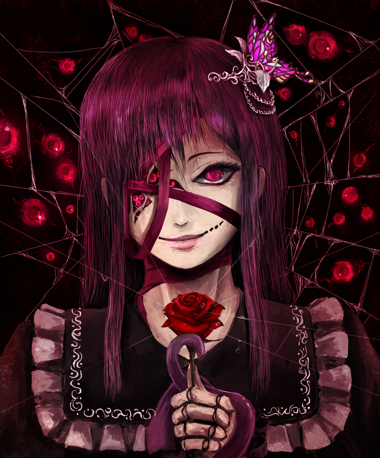 1girl ageha_(ray-k) butterfly_affection butterfly_hair_ornament chama_(painter) commentary_request doll_joints eyes flower frilled_shirt_collar frills hair_ornament holding holding_flower long_hair looking_at_viewer multiple_pupils portrait purple_hair purple_ribbon red_flower red_rose ribbon rose silk slit_pupils smile solo spider_web tentacle violet_eyes