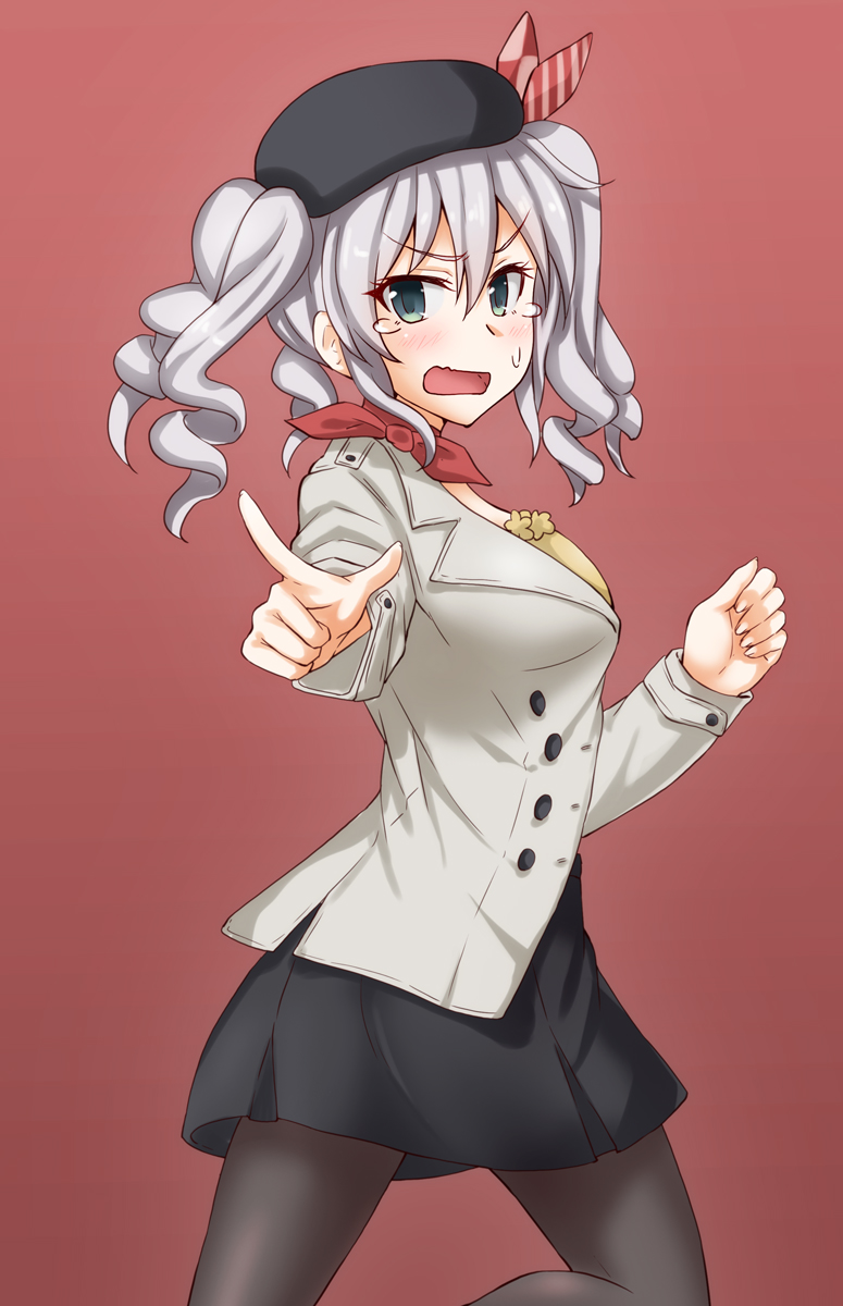 1girl anti_(untea9) beret black_hat black_skirt blouse blue_eyes breasts commentary_request crying from_side hat highres jacket kantai_collection kashima_(kantai_collection) large_breasts pointing pointing_at_viewer red_background red_scarf scarf sidelocks silver_hair simple_background skirt solo twintails wavy_hair wavy_mouth white_jacket yellow_blouse