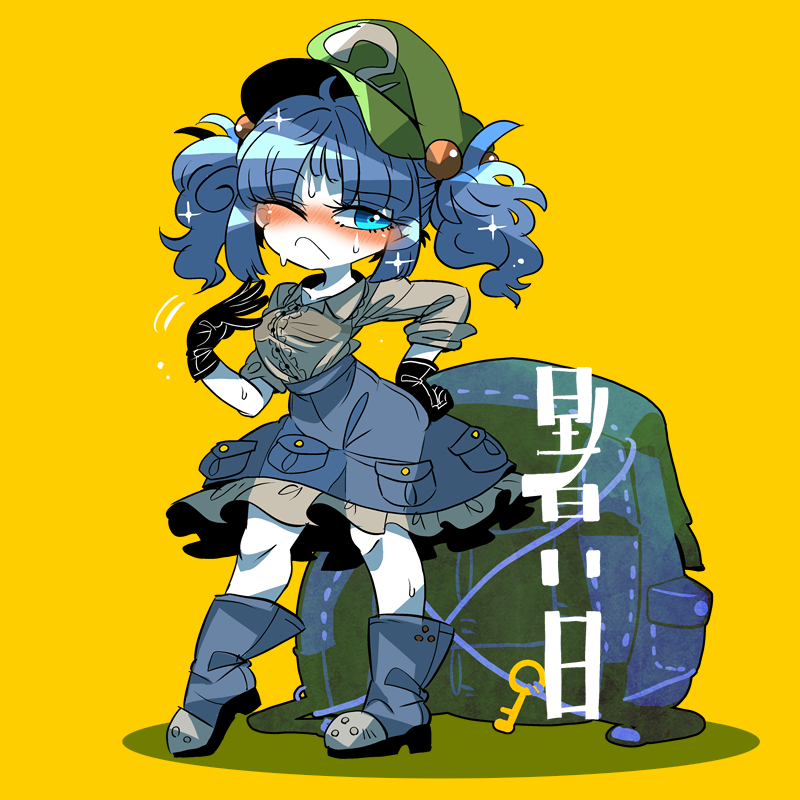 backpack bag bangs black_gloves blue_eyes blue_footwear blue_hair blue_skirt blush boots breasts collared_shirt eyebrows_visible_through_hair frilled_shirt_collar frilled_skirt frills full_body gloves green_hat grey_shirt hand_on_hip hat kawashiro_nitori key long_sleeves medium_hair one_eye_closed pocket shirt short_twintails sidelocks skirt sleeves_rolled_up standing touhou translation_request twintails yellow_background yt_(wai-tei)