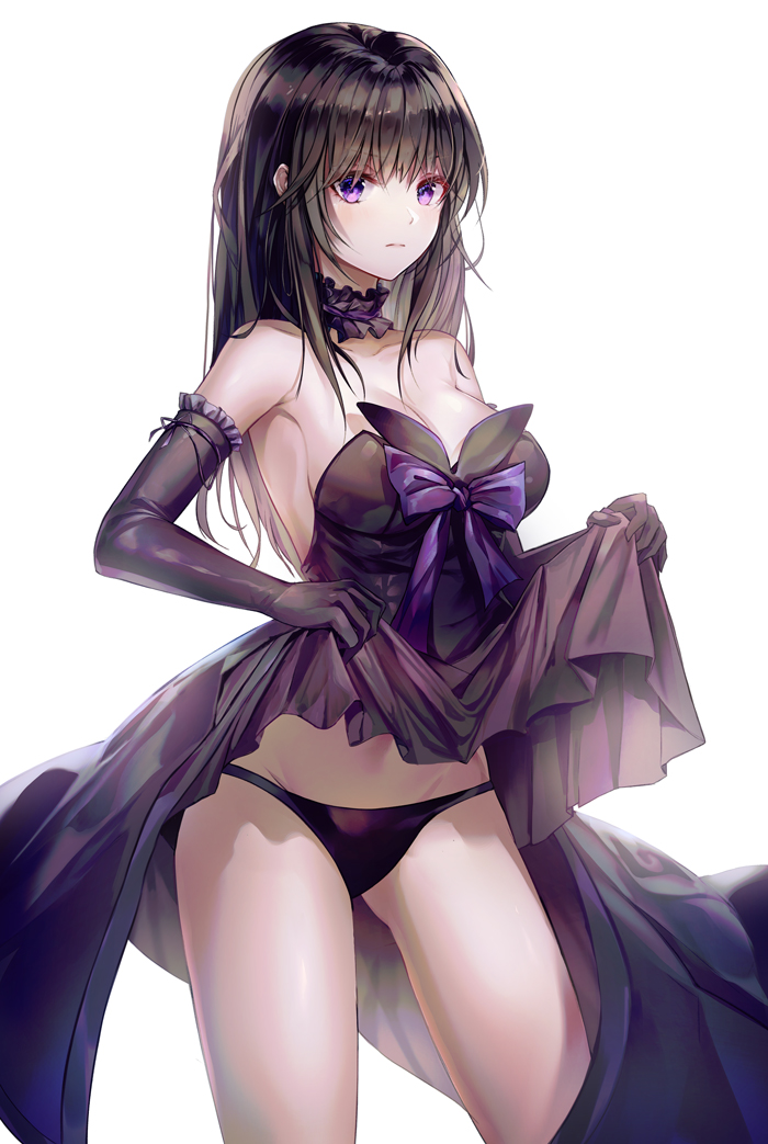 1girl bangs bare_shoulders black_dress black_gloves black_hair black_panties blunt_bangs breasts cleavage_cutout closed_mouth commentary dress elbow_gloves gloves hair_between_eyes large_breasts lifted_by_self limit_x long_hair looking_at_viewer original panties ribbon simple_background solo standing strapless strapless_dress thighs underwear violet_eyes white_background