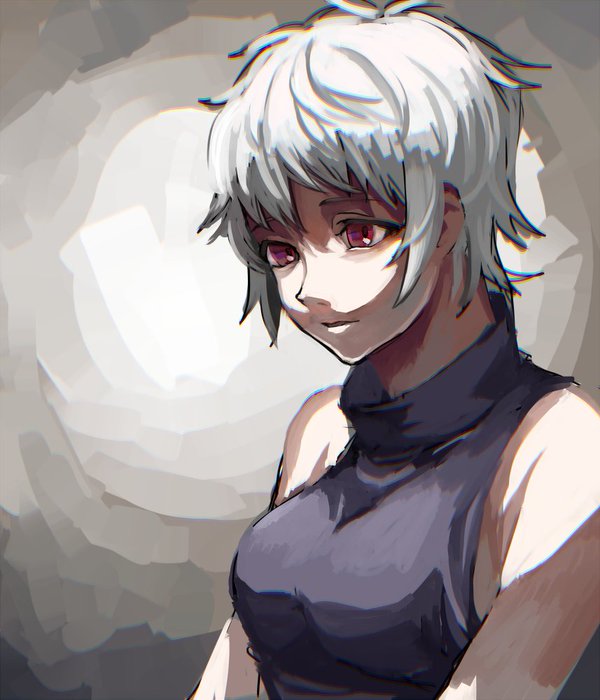 .flow 1girl albino bare_shoulders breasts red_eyes sabitsuki short_hair shousan_(hno3syo) simple_background sleeveless sleeveless_turtleneck solo turtleneck white_hair