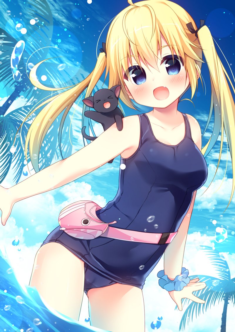 &gt;_&lt; 1girl :d ahoge animal bangs bare_arms bare_shoulders black_cat blonde_hair blue_eyes blue_scrunchie blue_sky blue_swimsuit blush breasts cat closed_eyes clouds cloudy_sky collarbone commentary_request day eyebrows_visible_through_hair facing_viewer fang fingernails gluteal_fold grisaia_(series) hair_between_eyes hanamiya_natsuka head_tilt long_hair looking_at_viewer matsushima_michiru old_school_swimsuit one-piece_swimsuit open_mouth outdoors palm_tree school_swimsuit scrunchie sky small_breasts smile solo swimsuit tree twintails wading water wrist_scrunchie