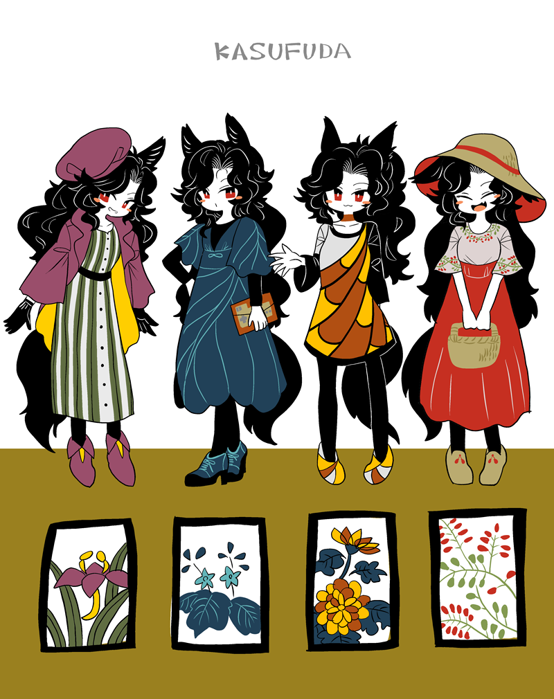 1girl alternate_costume animal_ears basket black_gloves black_hair black_legwear blue_flower blue_footwear blush brown_footwear brown_hat closed_eyes collarbone dress flower full_body gloves hat high_heels holding imaizumi_kagerou long_hair long_sleeves looking_at_viewer monster_girl multiple_views no_nose purple_flower purple_footwear purple_hat red_eyes shoes short_over_long_sleeves short_sleeves smile standing striped striped_dress tail touhou werewolf wolf_ears wolf_tail yt_(wai-tei)