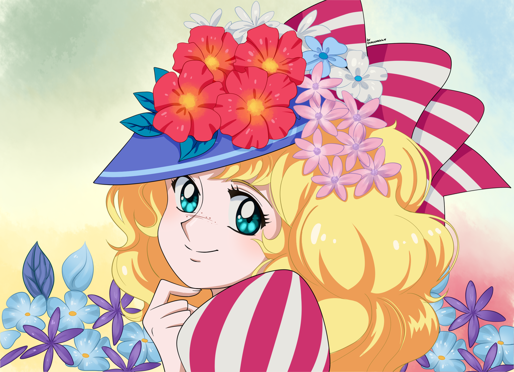 1girl blonde_hair blue_eyes blush candice_white_ardlay candy_candy drawloverlala flower freckles hat long_hair looking_at_viewer simple_background smile solo striped