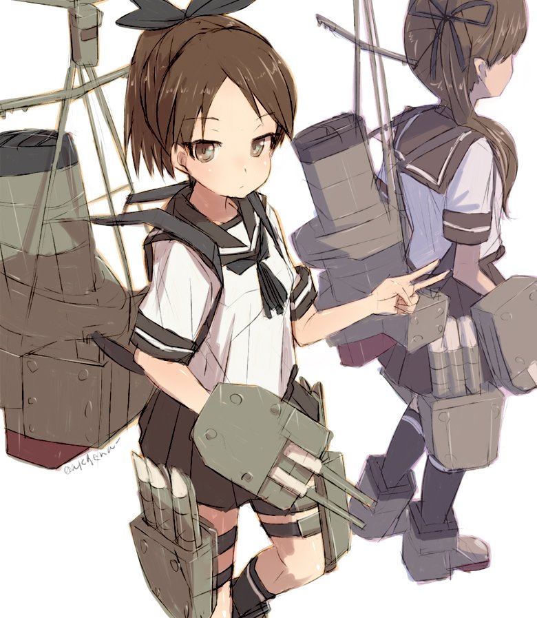 2girls adapted_turret alchera ayanami_(kantai_collection) black_hair brown_hair brown_sailor_collar brown_skirt cannon cowboy_shot hair_ribbon kantai_collection long_hair looking_at_viewer machinery multiple_girls ponytail ribbon sailor_collar school_uniform serafuku shikinami_(kantai_collection) short_ponytail side_ponytail simple_background skirt smokestack solo_focus turret v white_background