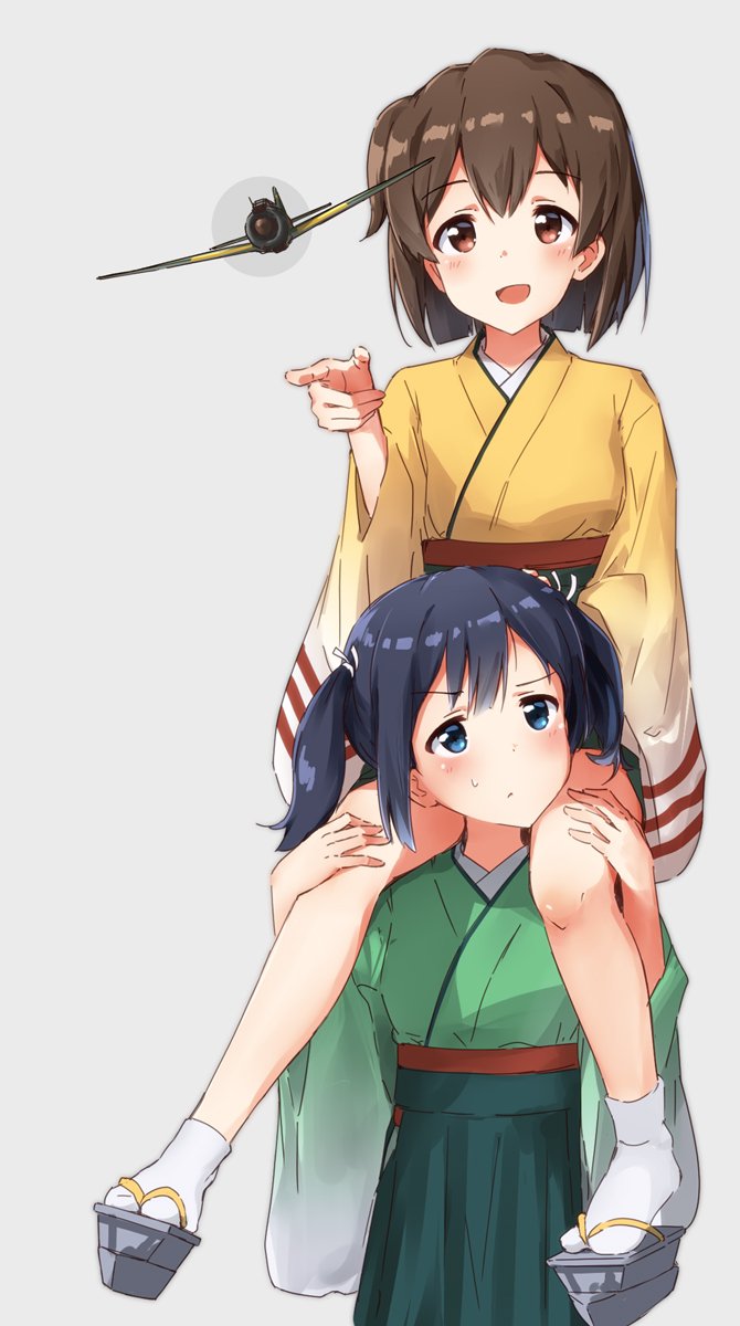 2girls :d aircraft airplane bangs black_hair blue_eyes blush brown_eyes brown_hair carrying commentary_request green_hakama green_kimono grey_background hakama hand_on_another's_leg highres hiryuu_(kantai_collection) japanese_clothes kantai_collection kimono multiple_girls one_side_up open_mouth platform_footwear pointing sandals short_hair shoulder_carry sidelocks simple_background smile socks souryuu_(kantai_collection) suke_(momijigari) sweatdrop twintails v-shaped_eyebrows white_legwear wide_sleeves yellow_kimono