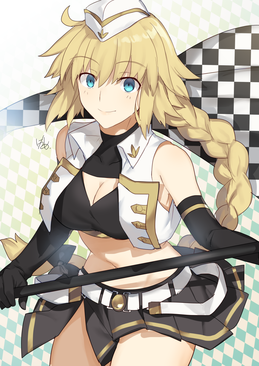 1girl argyle argyle_background black_gloves black_skirt blonde_hair blue_eyes braid braided_ponytail breasts checkered checkered_background cleavage cleavage_cutout cowboy_shot crop_top elbow_gloves eyebrows_visible_through_hair fate/apocrypha fate_(series) floating_hair gloves hair_between_eyes hat highres jeanne_d'arc_(fate) jeanne_d'arc_(fate)_(all) long_hair medium_breasts midriff miniskirt navel nikame pleated_skirt shiny shiny_hair single_braid skirt smile solo standing stomach very_long_hair white_hat