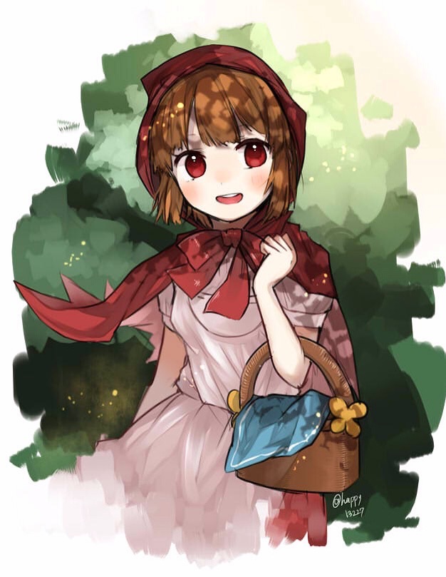 1girl bangs basket blush brown_hair cape hood open_mouth puyopuyo_quest rebecca_(puyopuyo_quest) red_eyes shibainu short_hair smile solo teeth twitter_username