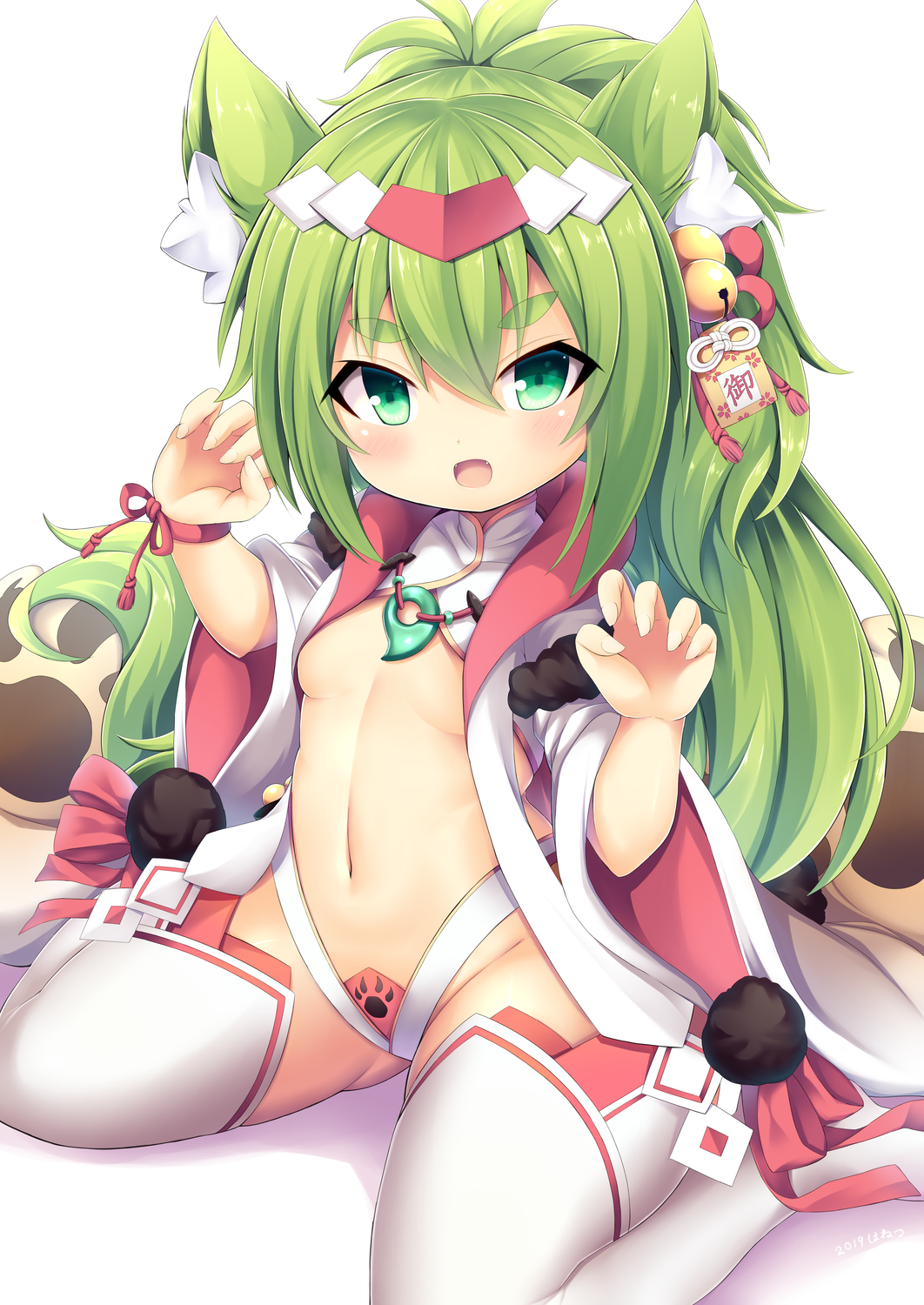 1girl :d animal_ear_fluff animal_ears azur_lane bangs bell blush breasts claw_pose eyebrows_visible_through_hair fangs fingernails green_eyes green_hair hair_bell hair_between_eyes hair_ornament hands_up highres isokaze_(azur_lane) jingle_bell long_hair long_sleeves looking_at_viewer magatama navel no_shoes open_mouth paw_print ponytail revealing_clothes simple_background sitting small_breasts smile solo stomach tail tatuyayosi thick_eyebrows thigh-highs very_long_hair wariza white_background white_legwear wide_sleeves