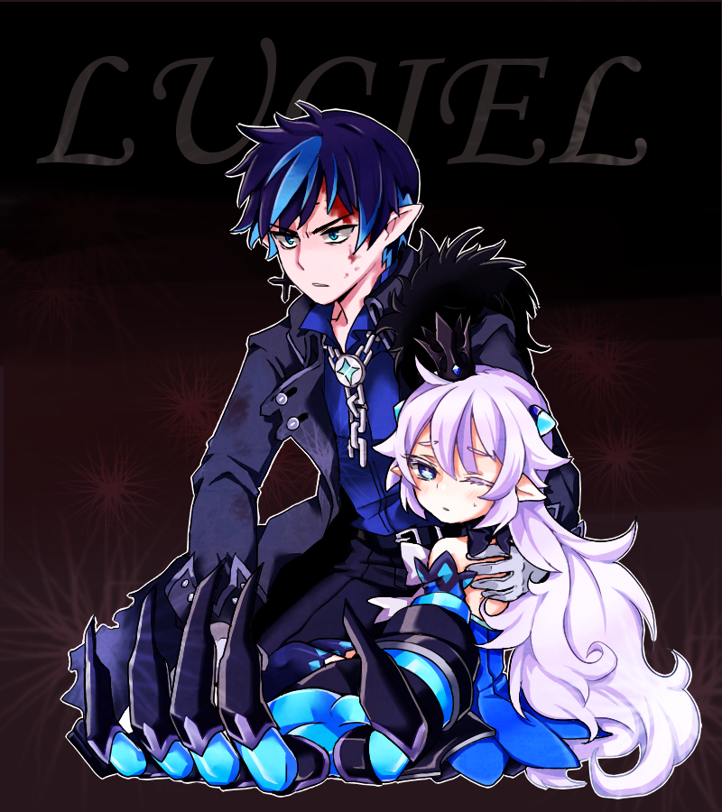 1boy 1girl bare_shoulders blood blood_on_face blush chains ciel_(elsword) clawed_gauntlets crown elsword frown horns luciela_r._sourcream one_eye_closed pointy_ears ribbon sweatdrop yang38