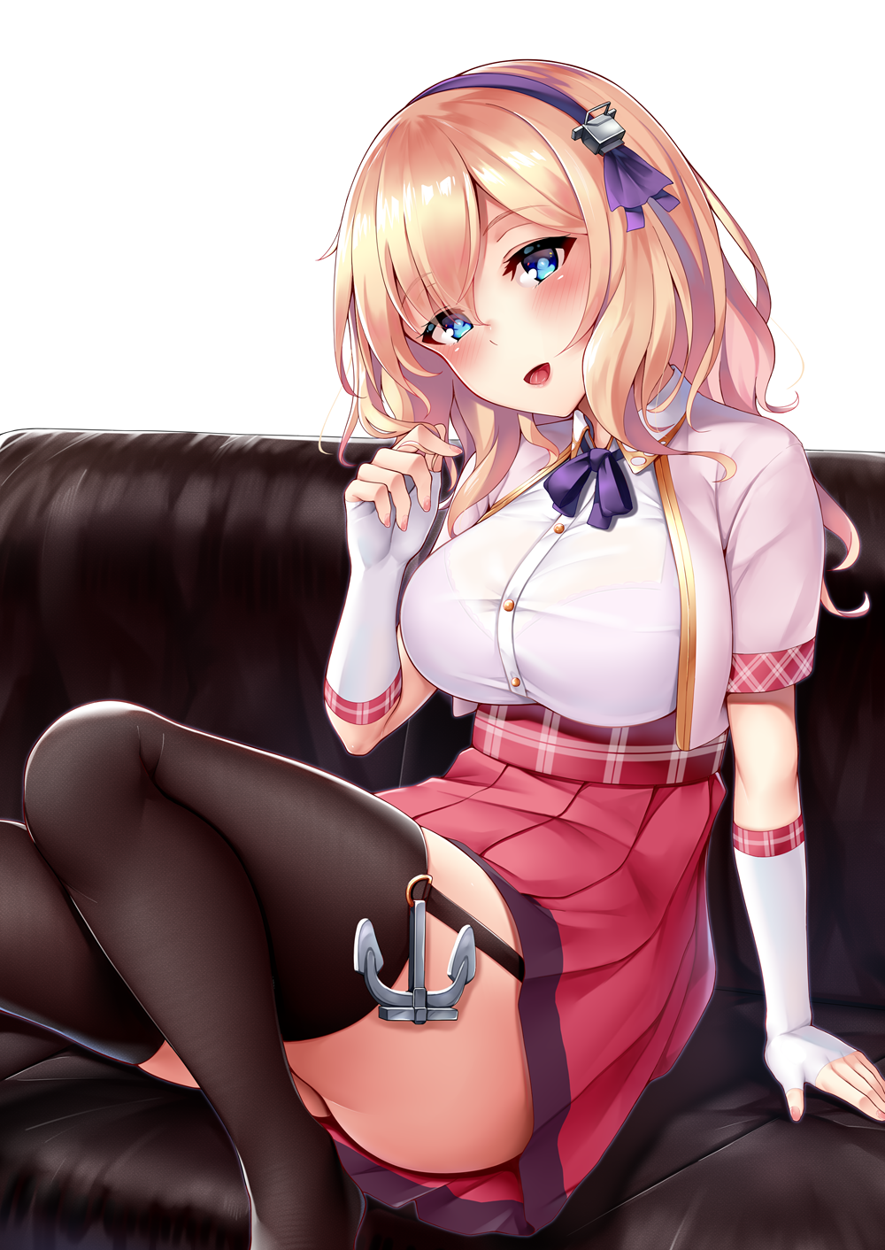 1girl 3104_(3104milkshake) anchor arm_support ass azur_lane bangs black_legwear blonde_hair blue_eyes blush bra bra_through_clothes breasts bridal_gauntlets commentary_request couch cropped_jacket eyebrows_visible_through_hair fingerless_gloves garter_straps gloves hairband head_tilt headband highres jacket large_breasts lavender_bra leander_(azur_lane) long_hair looking_at_viewer manicure open_mouth playing_with_own_hair pleated_skirt red_skirt remodel_(azur_lane) ribbon see-through shirt short_hair short_sleeves sidelocks sitting skirt smile solo thigh-highs underwear white_gloves white_jacket