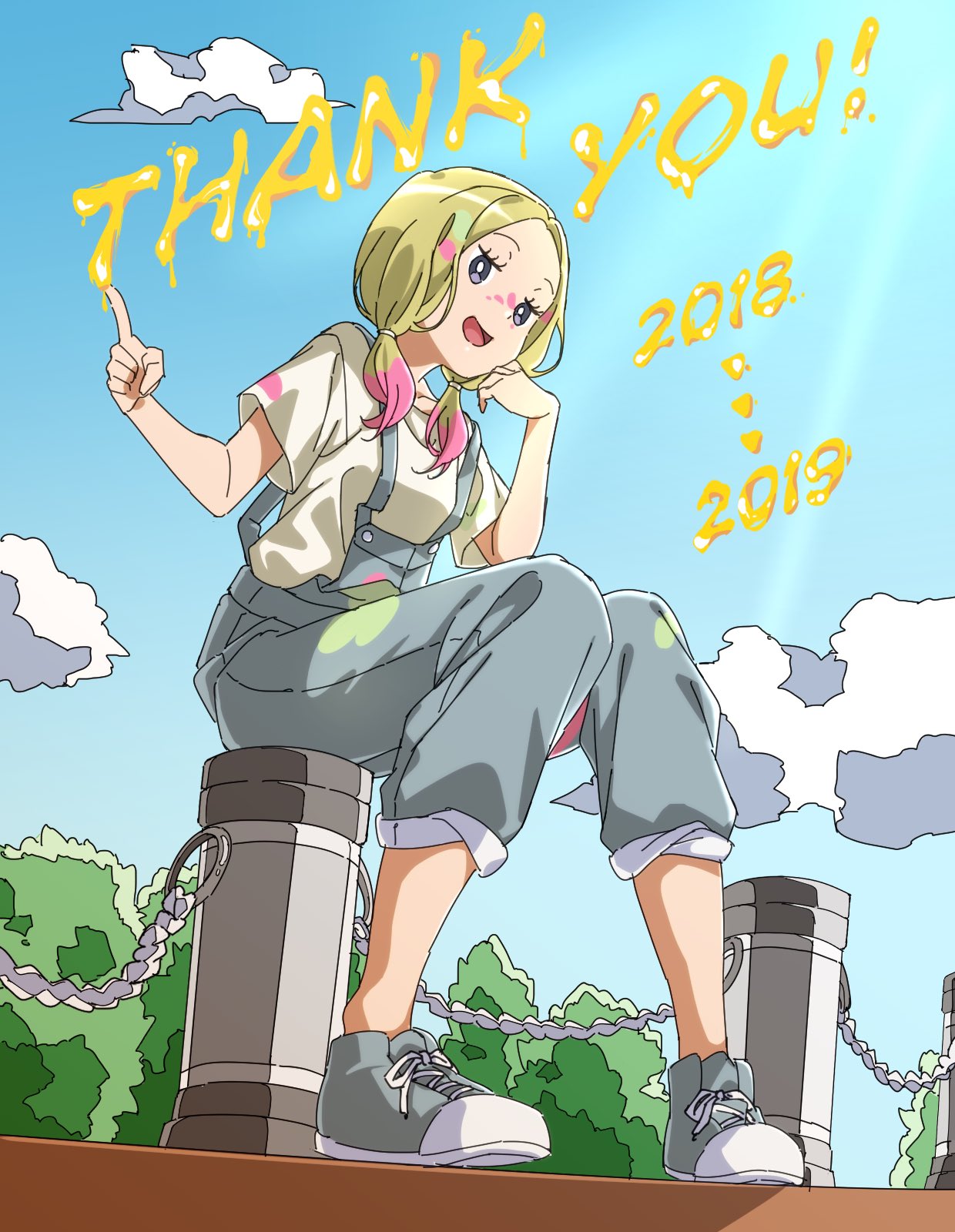 1girl blonde_hair blue_sky clouds creatures_(company) day facepaint game_freak grey_eyes hari611 highres long_hair low_twintails matsurika_(pokemon) nintendo open_mouth outdoors overalls pokemon pokemon_(game) pokemon_lgpe shirt shoes short_sleeves sky solo twintails white_shirt younger