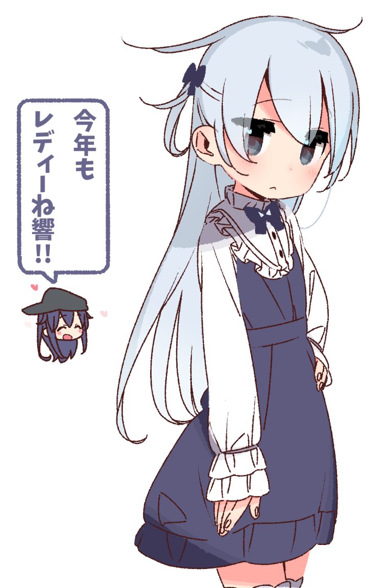 2girls akatsuki_(kantai_collection) alternate_costume blue_dress blue_eyes commentary_request cowboy_shot dress embarrassed frilled_dress frills head_only hibiki_(kantai_collection) kantai_collection long_hair looking_at_viewer multiple_girls silver_hair simple_background solo_focus standing thigh-highs translation_request white_background yoru_nai