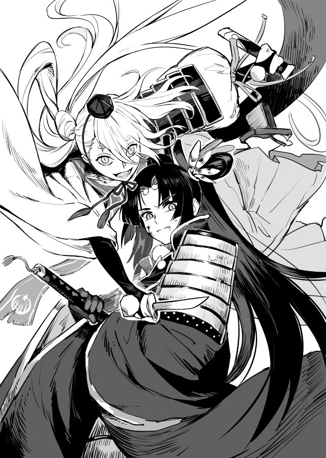 1boy 1girl blood blood_on_face dashi_(minzoku_gb) fate/grand_order fate_(series) geta hat ima-no-tsurugi katana long_hair monochrome pauldrons side_ponytail sword tantou tengu-geta tokin_hat touken_ranbu ushiwakamaru_(fate/grand_order) weapon wide_sleeves