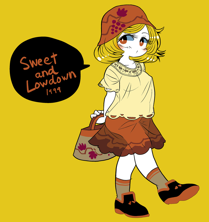 adapted_costume aki_minoriko alternate_costume bag black_footwear blonde_hair breasts collarbone english_text erect_nipples grey_legwear hat holding holding_bag medium_hair red_eyes red_hat red_skirt shoes simple_background skirt socks speech_bubble touhou yellow_background yt_(wai-tei)