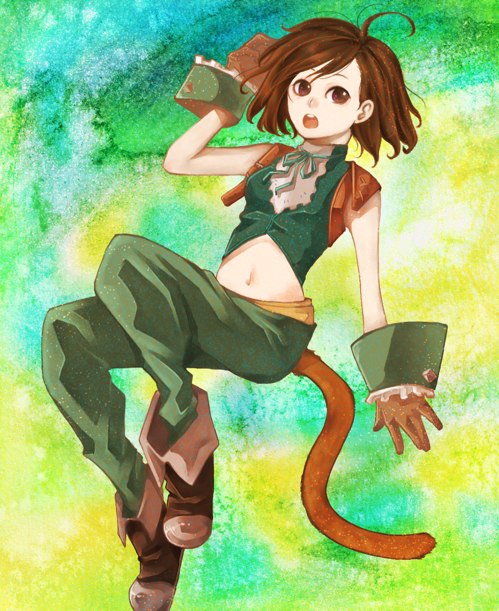 1girl breasts brown_eyes brown_hair commentary_request cosplay denim final_fantasy final_fantasy_ix garnet_til_alexandros_xvii gloves highres midriff navel short_hair solo tail zidane_tribal zidane_tribal_(cosplay)