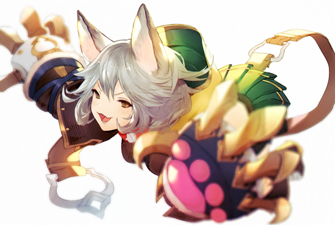 1girl animal_ears belt brown_eyes claws collar fang gloves granblue_fantasy green_skirt grey_hair hair_between_eyes looking_at_viewer nido_celisius open_mouth paw_gloves paws pleated_skirt sen_(granblue_fantasy) short_hair simple_background skirt solo white_background