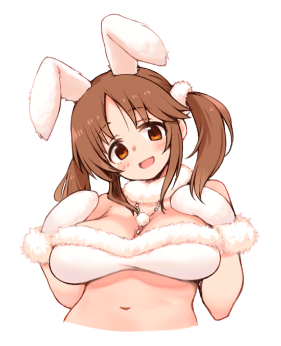 1girl :d animal_ears bandeau bangs bare_shoulders blush breasts breasts_apart brown_hair eyebrows_visible_through_hair fake_animal_ears fur_collar fur_trim head_tilt idolmaster idolmaster_cinderella_girls jewelry large_breasts looking_at_viewer mittens moru_(monaka) navel necklace open_mouth orange_eyes parted_bangs pendant rabbit_ears sidelocks simple_background smile solo stomach tied_hair totoki_airi twintails upper_body white_background white_bandeau