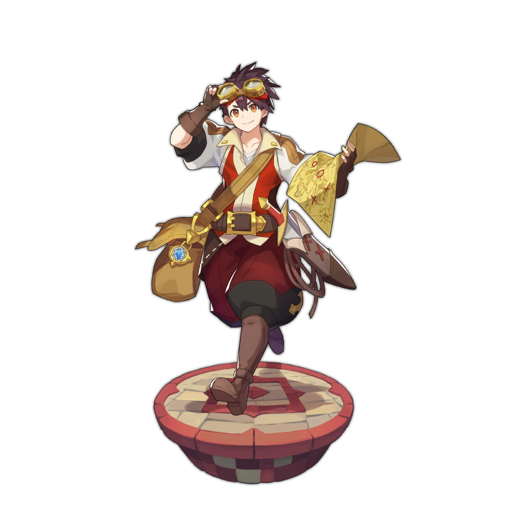 artist_request bag baggy_clothes baggy_pants baggy_shorts belt belt_buckle boots brown_eyes brown_hair buckle dragalia_lost fingerless_gloves full_body gloves goggles goggles_on_head looking_at_viewer map marty_(dragalia_lost) non-web_source official_art pants rope smile spiky_hair sword weapon