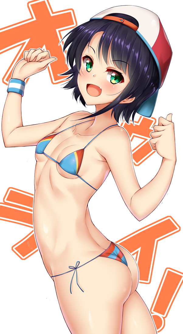 1girl :d ass backwards_hat bare_shoulders baseball_cap bikini black_hair blush breasts collarbone commentary_request eyebrows_visible_through_hair fang green_eyes hat hololive kuragari looking_at_viewer oozora_subaru open_mouth short_hair side-tie_bikini simple_background small_breasts smile solo striped striped_bikini swimsuit virtual_youtuber white_background wristband